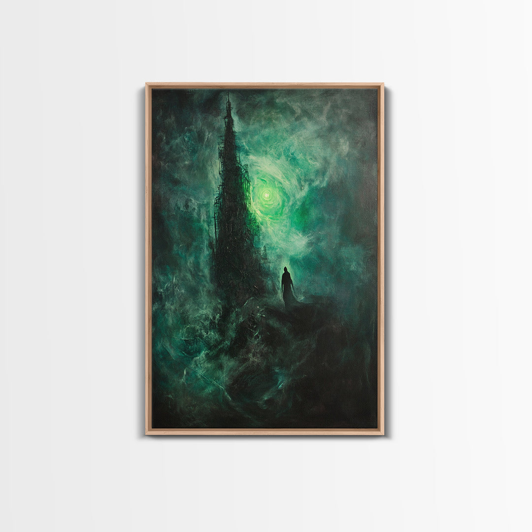 Dark Emerald Spire And Lone Wanderer Wall Art, Gothic Fantasy Canvas Print, Moody Surreal Landscape, Dark Academia Decor