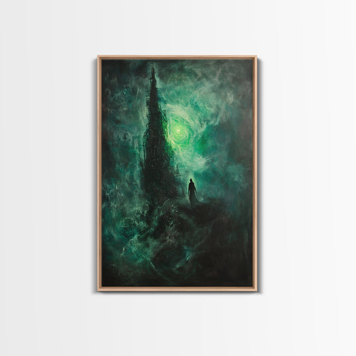 Dark Emerald Spire And Lone Wanderer Wall Art, Gothic Fantasy Canvas Print, Moody Surreal Landscape, Dark Academia Decor