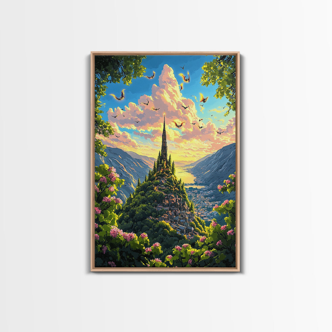 Sunlit Mountain Village With Flying Dragons Canvas Print, Fantasy Landscape Wall Art, Whimsical Home Decor, Gift For Her