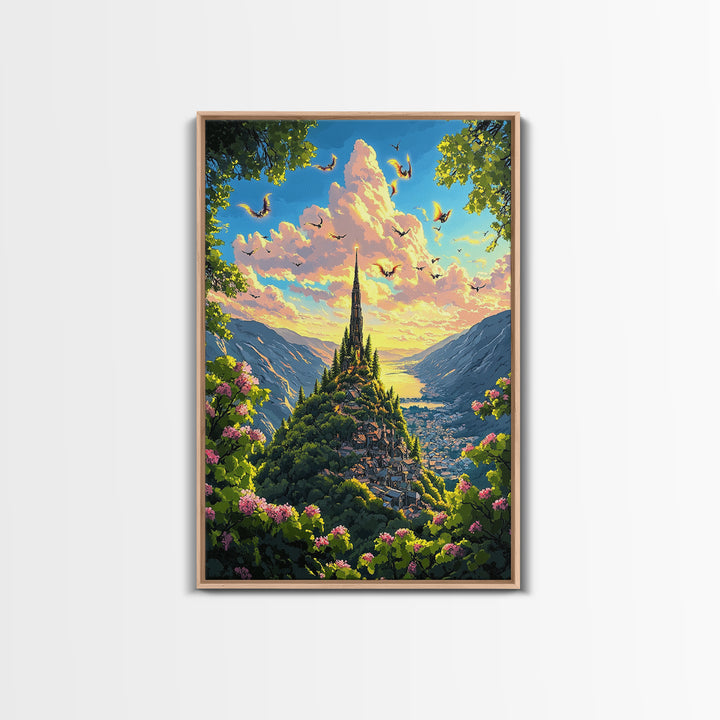 Sunlit Mountain Village With Flying Dragons Canvas Print, Fantasy Landscape Wall Art, Whimsical Home Decor, Gift For Her