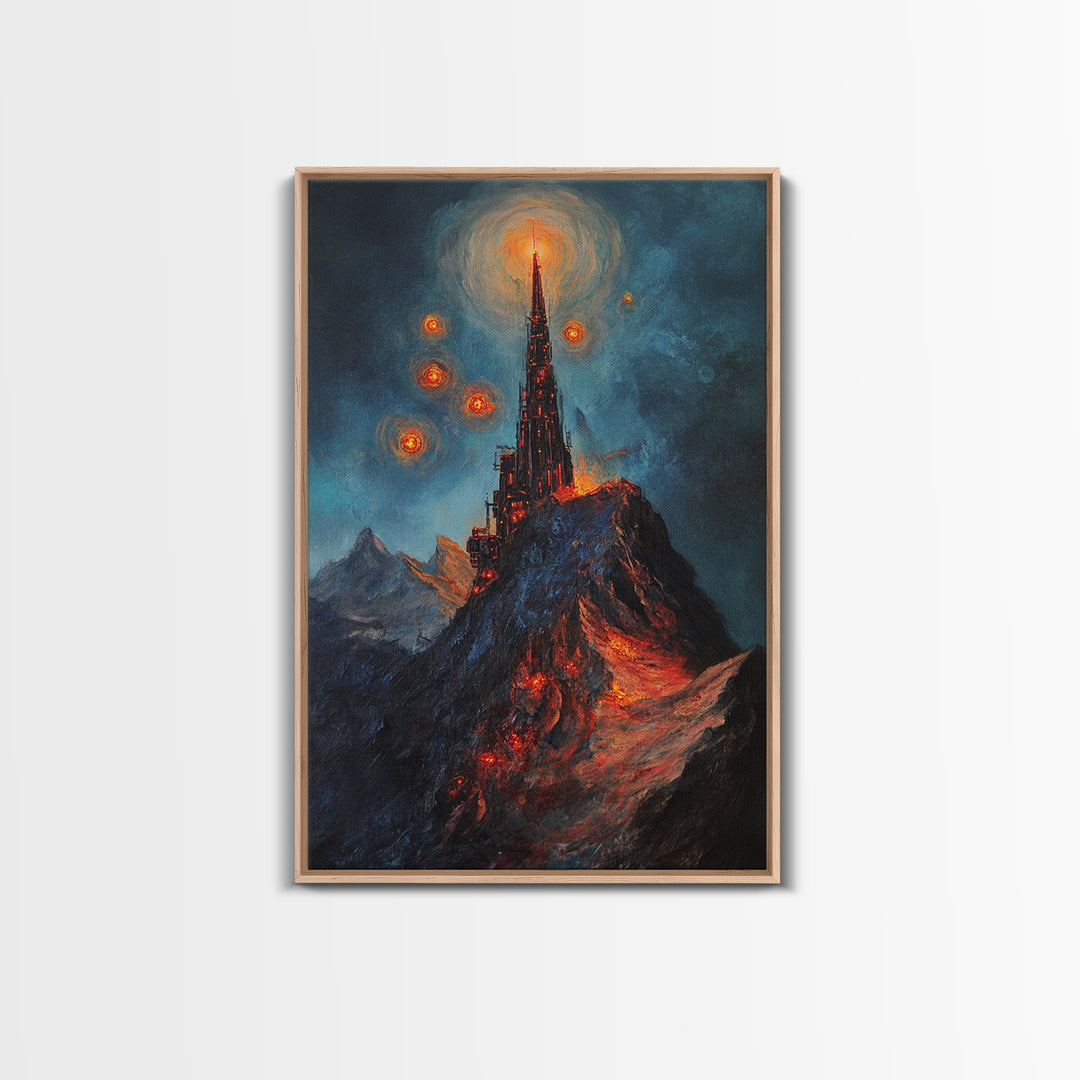 Fiery Dark Mountain Citadel With Red Orbs Canvas Print, Gothic Fantasy Wall Art, Lava Landscape, Moody Office Decor, Gift For Him