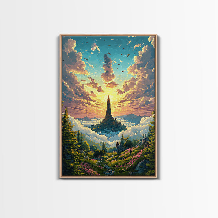 Golden Cloud Kingdom Spire At Sunrise Canvas Print, Fantasy Landscape Wall Art, Colorful Nature Art, Living Room Decor, Housewarming Gift