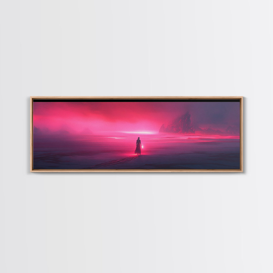 Lone Traveler In Magenta Alien Fog Wall Art, Sci Fi Landscape Canvas, Futuristic Decor, Neon Pink Living Room Art Print Gift
