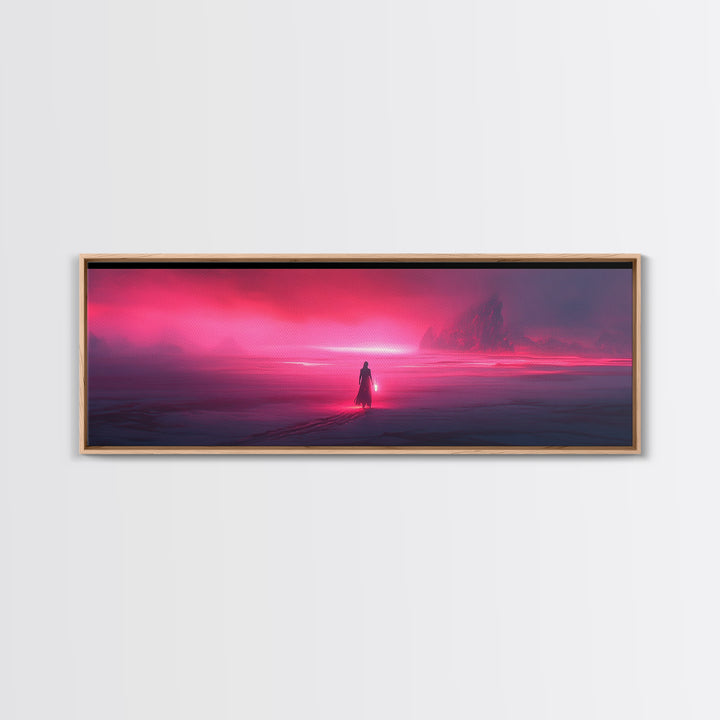 Lone Traveler In Magenta Alien Fog Wall Art, Sci Fi Landscape Canvas, Futuristic Decor, Neon Pink Living Room Art Print Gift
