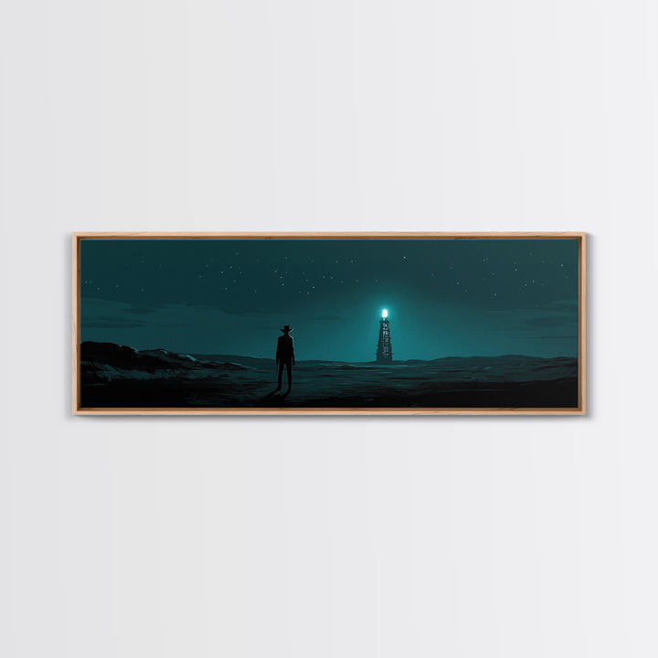 Starry Teal Desert Cowboy And Beacon Tower Wall Art, Sci Fi Western Landscape Print, Masculine Office Decor Gift For Him
