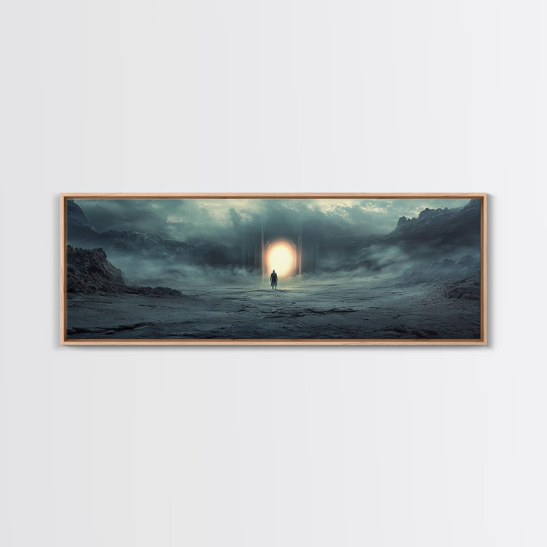 Misty Portal In Dark Mountains Wall Art, Moody Sci Fi Landscape Canvas Print, Atmospheric Office Decor And Modern Wall Decor