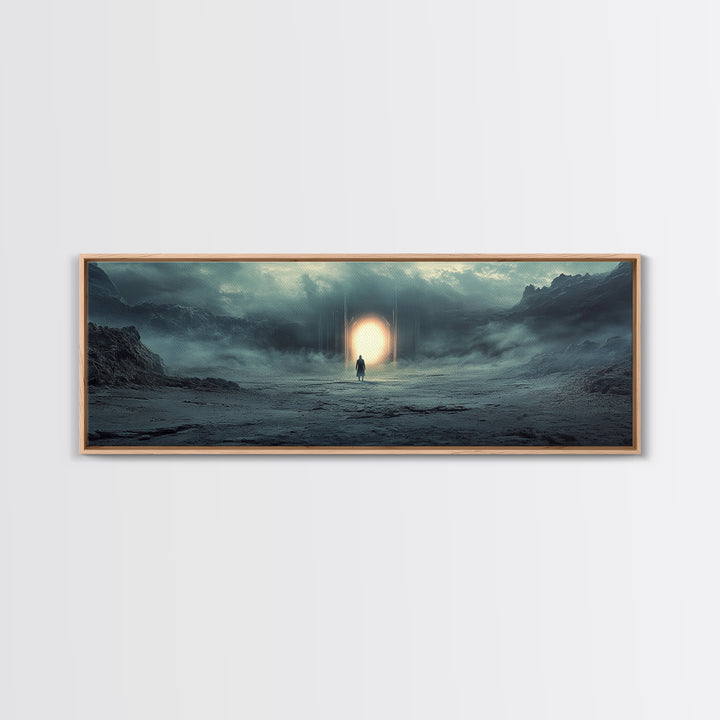 Misty Portal In Dark Mountains Wall Art, Moody Sci Fi Landscape Canvas Print, Atmospheric Office Decor And Modern Wall Decor