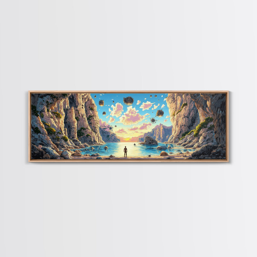 Alien Canyon Lagoon Canvas Print, Floating Rocks Fantasy Landscape, Panoramic Sci Fi Wall Decor, Large Modern Living Room Art
