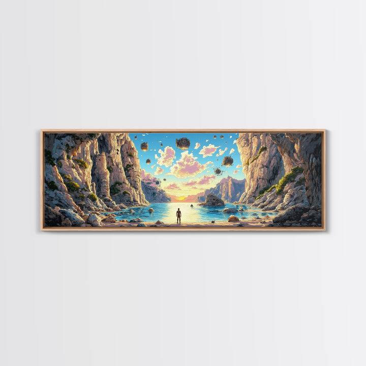 Alien Canyon Lagoon Canvas Print, Floating Rocks Fantasy Landscape, Panoramic Sci Fi Wall Decor, Large Modern Living Room Art