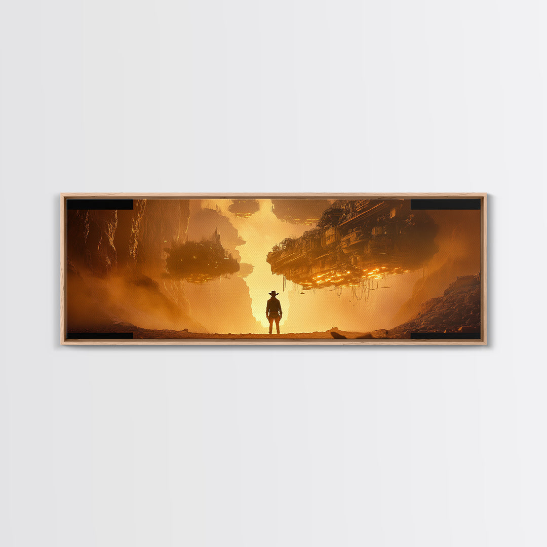 Golden Dystopian Airship Canyon Wall Art, Sci Fi Cowboy Landscape, Orange Futuristic Cinematic Canvas Print, Man Cave Decor