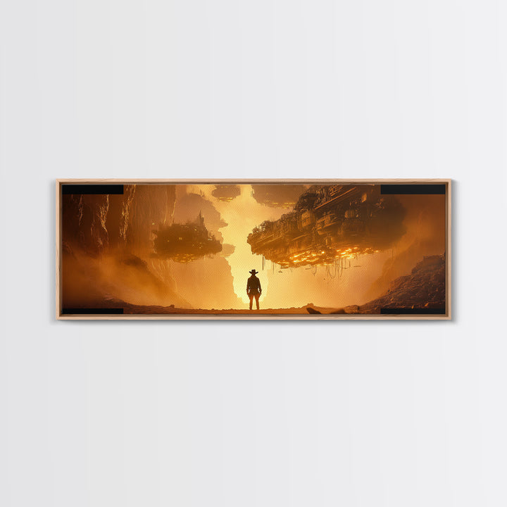 Golden Dystopian Airship Canyon Wall Art, Sci Fi Cowboy Landscape, Orange Futuristic Cinematic Canvas Print, Man Cave Decor
