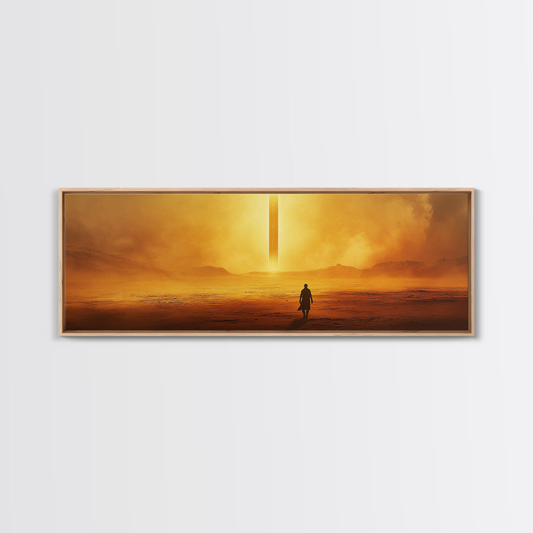 Golden Desert Monolith Wall Art, Cinematic Sci Fi Landscape, Minimalist Canvas Print, Warm Earth Tone Living Room Decor Art