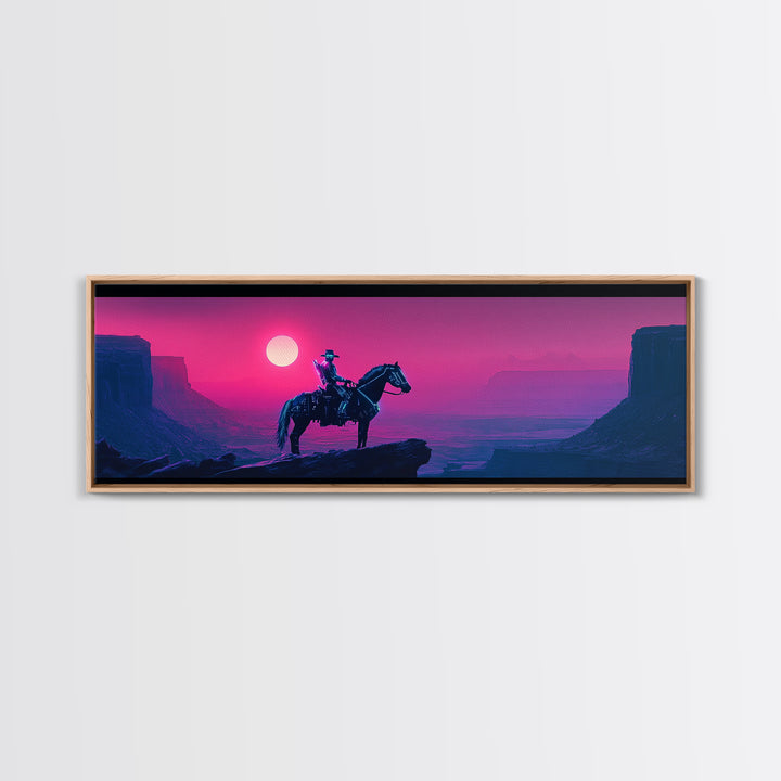 Cowboy On Pink Canyon Cliff Canvas Print, Western Wall Decor, Southwestern Landscape Art, Large Panoramic Wall Art, Home Decor