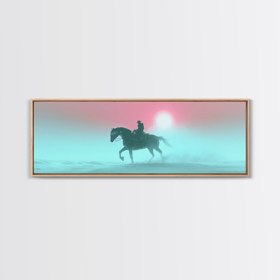 Misty Cowboy Riding Through Pastel Fog Wall Art, Western Horse Canvas Print, Serene Landscape Decor, Calming Bedroom Art