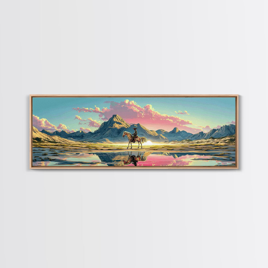 Cowboy And Horse Reflected In Alpine Lake Canvas Print, Western Mountain Wall Art, Pastel Sunset Decor, Large Panoramic Art