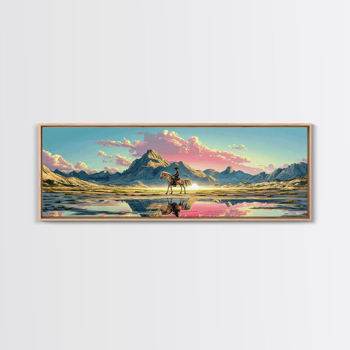 Cowboy And Horse Reflected In Alpine Lake Canvas Print, Western Mountain Wall Art, Pastel Sunset Decor, Large Panoramic Art
