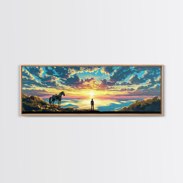 Cowboy And Horse Over Golden Sea Sunrise Framed Canvas Print, Western Landscape Wall Art, Inspirational Home Decor, Above Sofa Art
