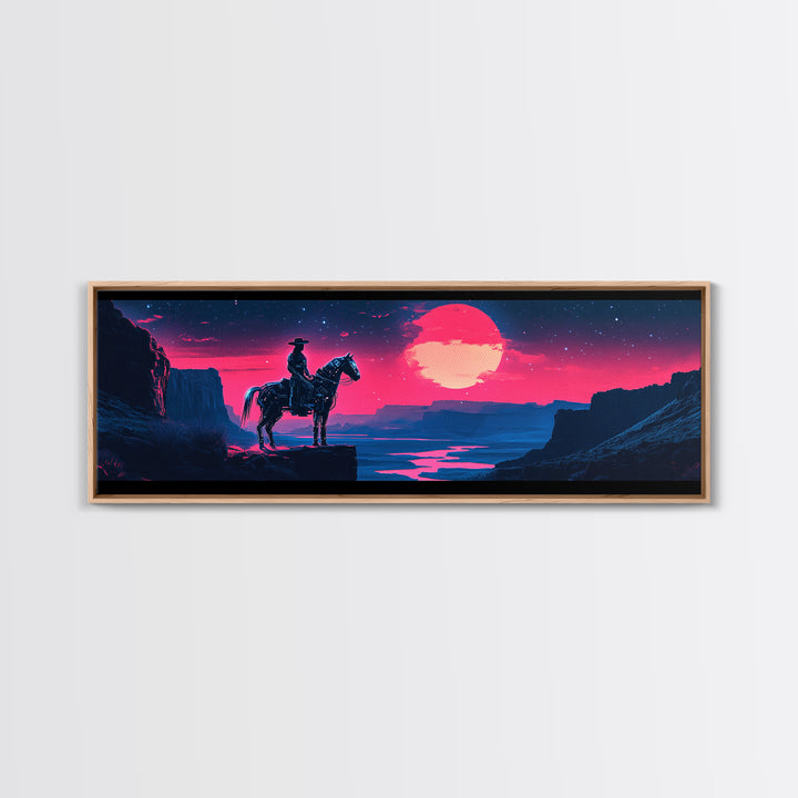 Neon Cowboy Above Moonlit Canyon River Canvas Print, Western Sci Fi Wall Art, Vaporwave Decor, Large Horizontal Print, Home Decor