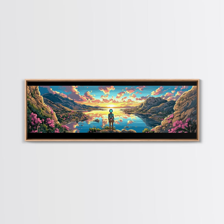 Astronaut Over Flowered Mountain Lake Valley Wall Art, Sci Fi Landscape Canvas Print, Colorful Nature Decor, Gaming Room Art