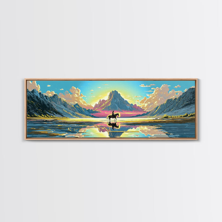 Solitary Rider At Mirror Lake Canvas Print, Western Mountain Landscape Art, Panoramic Wall Art, Rustic Decor, Gift For Him