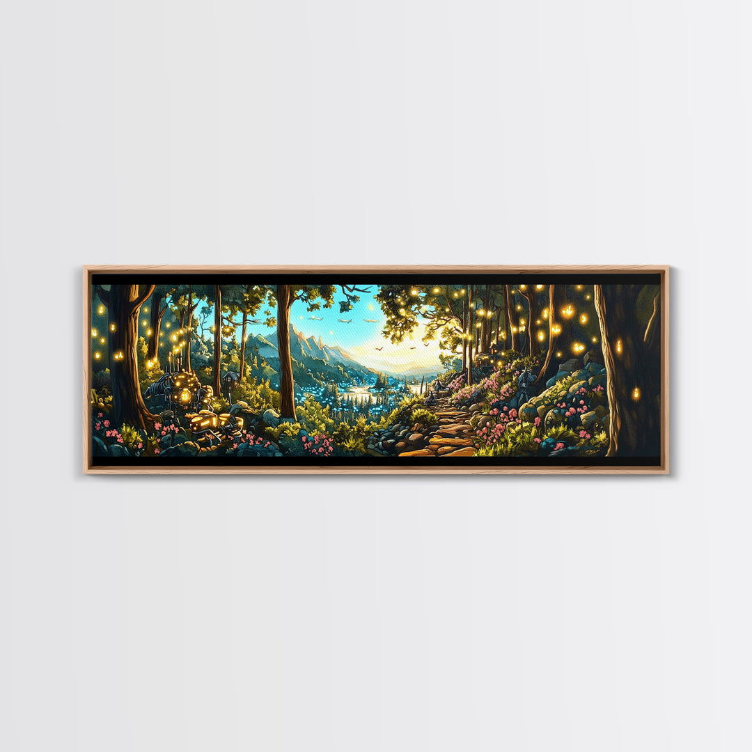 Enchanted Forest Path With Lanterns Wall Art, Mountain Valley Landscape Print, Whimsical Decor, Large Panoramic Canvas Art