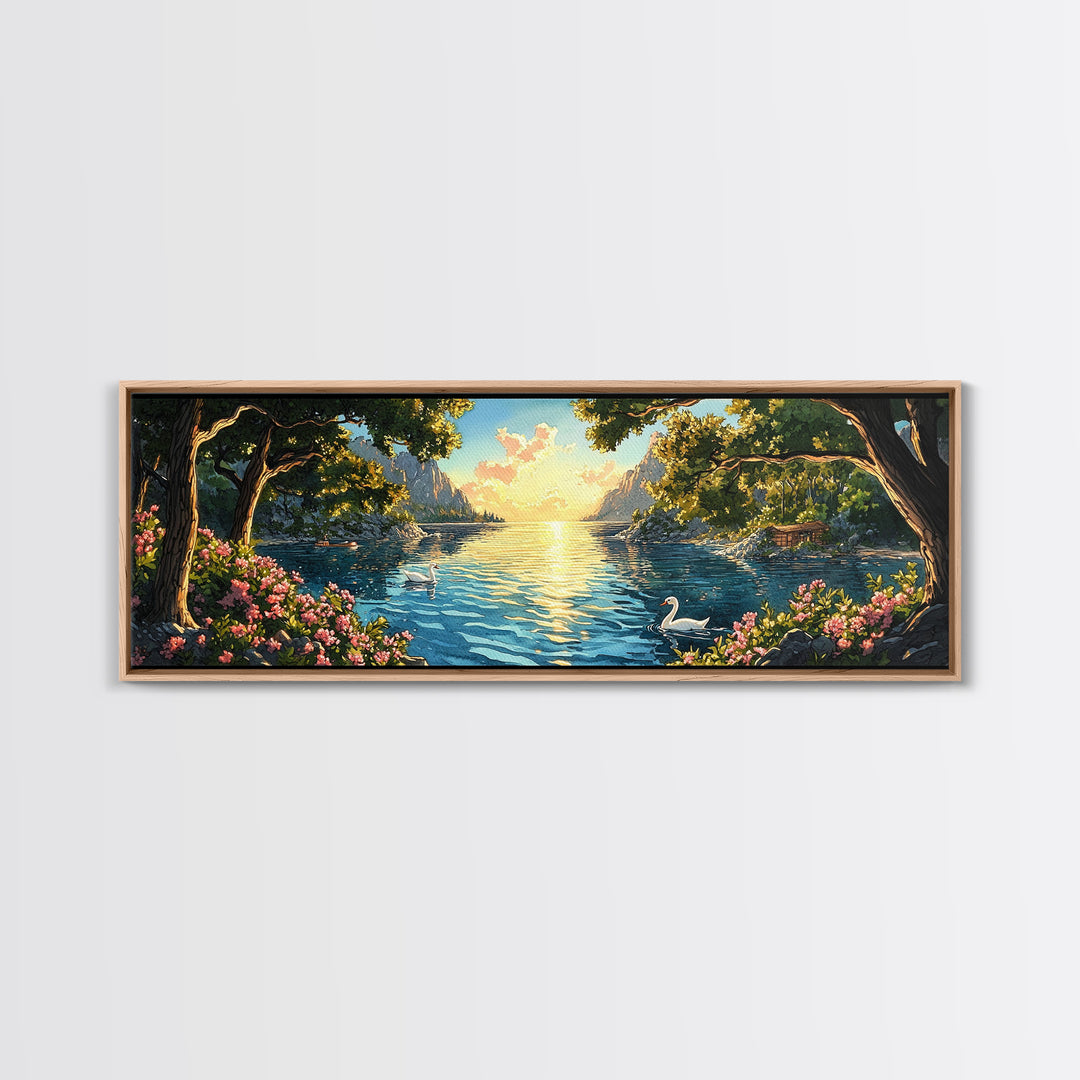 Golden Lakeside Sunset With Swan Wall Art, Romantic Coastal Canvas Print, Serene Landscape Decor, Large Above Bed Art For Bedroom Decor