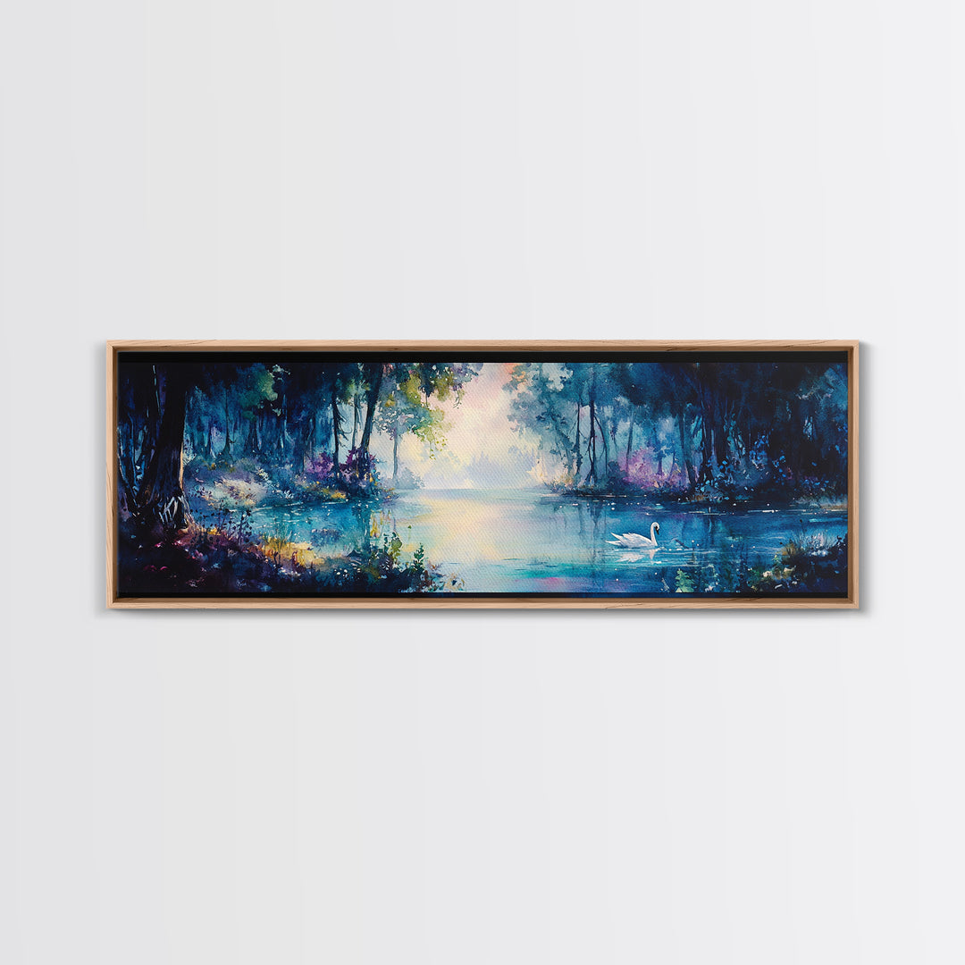 Misty Blue Forest Lake With Swan Wall Art, Moody Landscape Canvas Print, Dark Botanical Decor, Calming Living Room Art Print