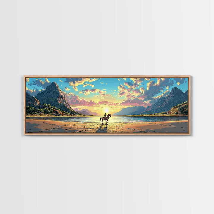 Lone Rider On Sunset Beach Wall Art, Western Coastal Landscape Canvas Print, Mountain Lake Decor, Masculine Office Art Print