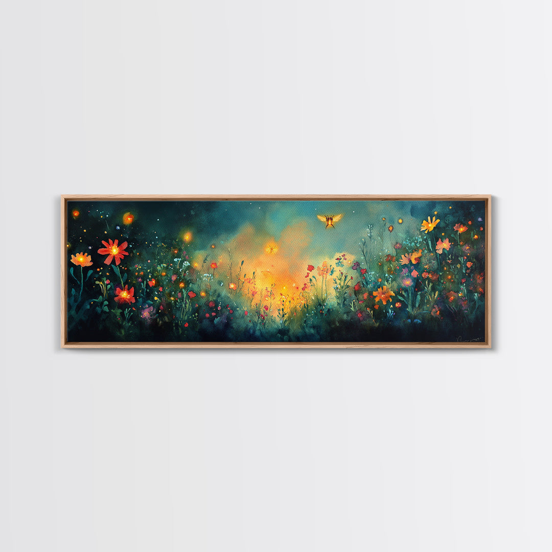 Glowing Wildflower Meadow With Fireflies Wall Art, Whimsical Floral Canvas Print, Dark Botanical Decor, Cozy Bedroom Art