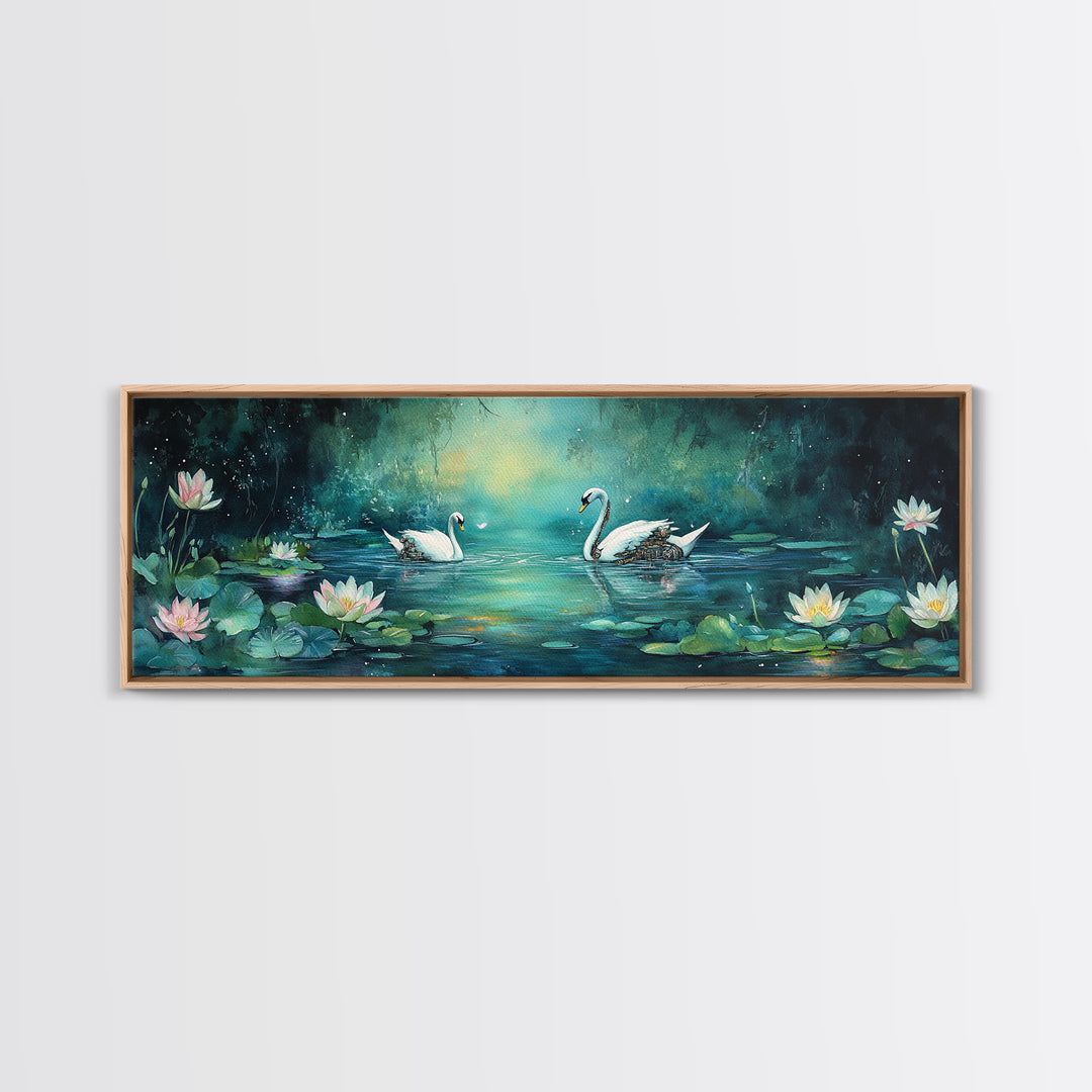White Swans And Water Lilies Framed Canvas Print, Romantic Nature Wall Art, Elegant Bedroom Decor, Gift For Her, Living Room Art