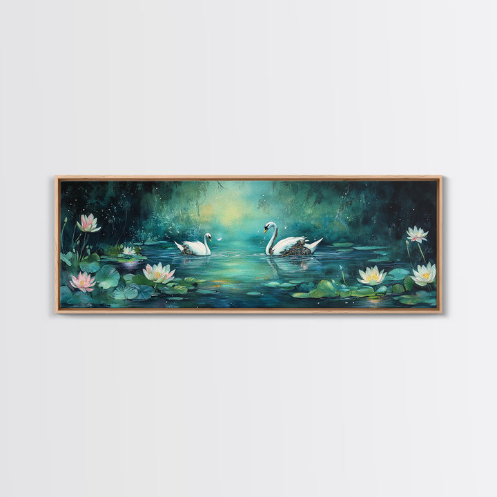 White Swans And Water Lilies Framed Canvas Print, Romantic Nature Wall Art, Elegant Bedroom Decor, Gift For Her, Living Room Art