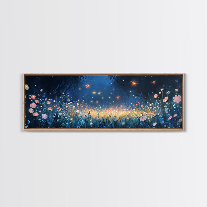 Firefly Night Meadow With Soft Wildflowers Framed Canvas Print, Whimsical Wall Art, Dark Floral Decor, Bedroom Wall Decor
