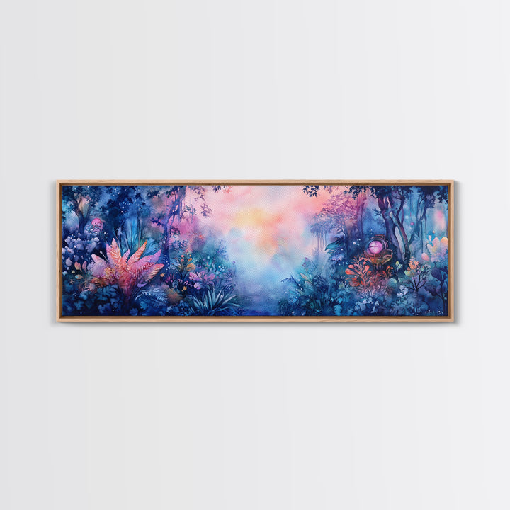 Enchanted Tropical Garden With Misty Pastel Light Wall Art, Botanical Watercolor Print, Whimsical Decor, Nature Wall Art