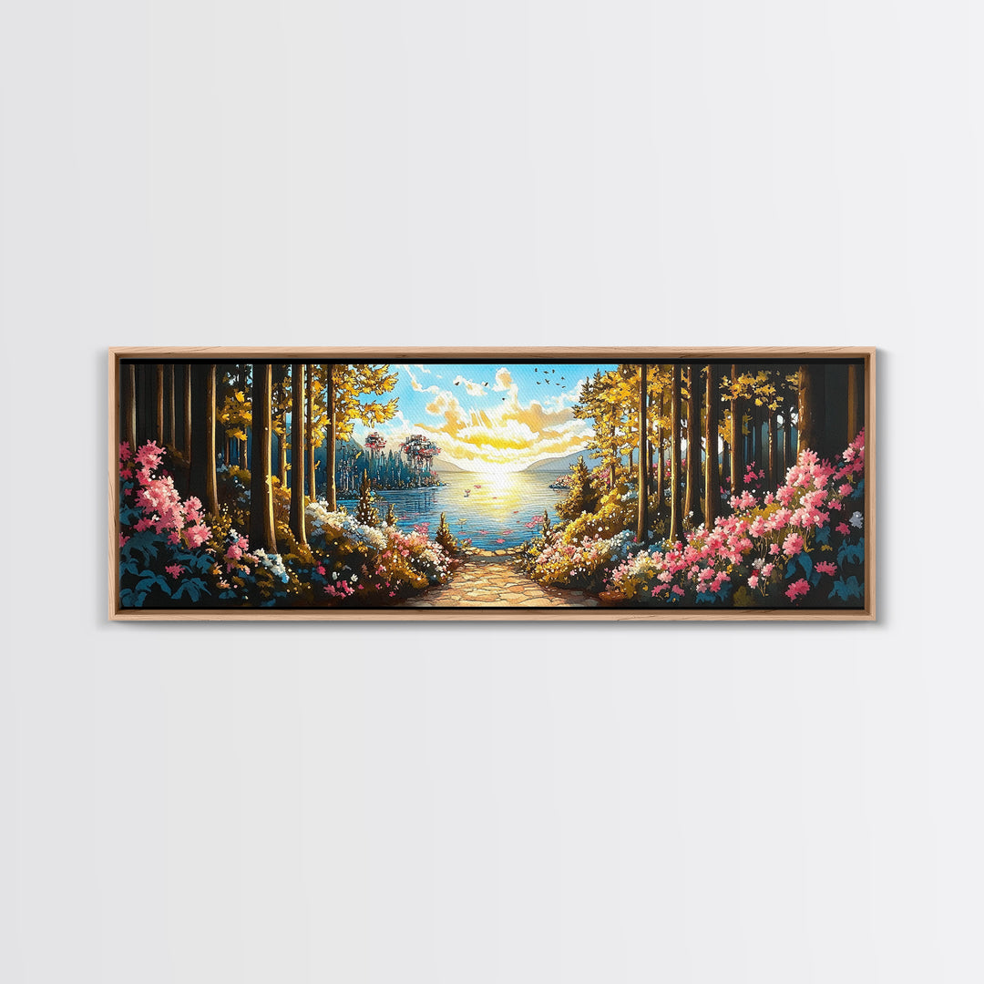 Sunlit Forest Lake Path With Pink Flowers Wall Art, Panoramic Canvas Print For Living Room Decor And Nature Home Decor Gift