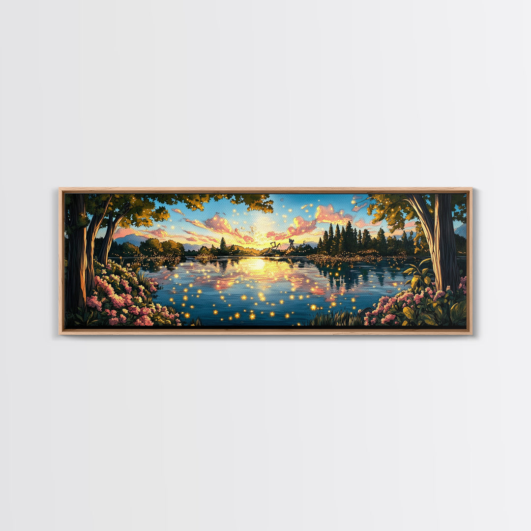 Golden Sunset Lake With Fireflies And Pink Blossoms Canvas Print, Romantic Nature Wall Art For Bedroom Decor And Home Decor
