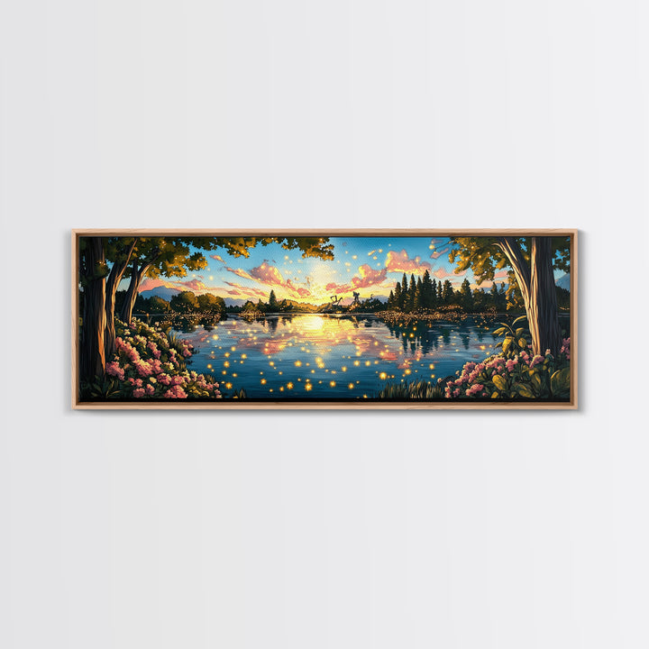 Golden Sunset Lake With Fireflies And Pink Blossoms Canvas Print, Romantic Nature Wall Art For Bedroom Decor And Home Decor