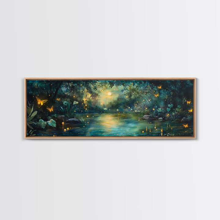 Enchanted Moonlit River With Fireflies And Butterflies Wall Art, Moody Fantasy Canvas Print For Bedroom Decor And Cozy Home Decor