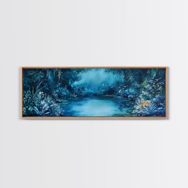 Misty Blue Jungle River With Wildlife And Orchids Canvas Print, Serene Nature Wall Art For Spa Decor And Bathroom Wall Decor