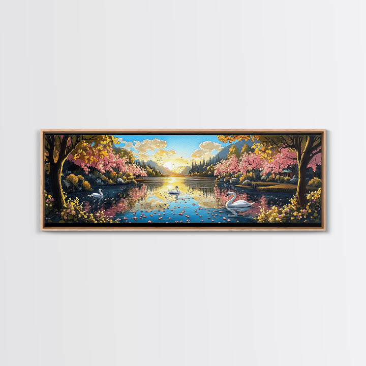 Swans On Golden Lake With Cherry Blossoms Framed Canvas Print, Romantic Landscape Wall Art For Bedroom Decor And Home Decor