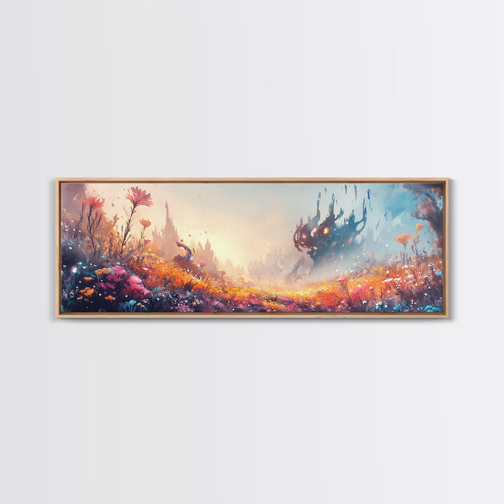 Misty Fantasy Flower Field With Dark Castle Canvas Print, Surreal Landscape Wall Art, Colorful Whimsical Bedroom Decor Gift