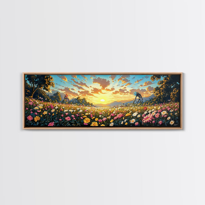 Sunrise Daisy Meadow With Tiny Robots Framed Canvas Print, Panoramic Floral Wall Art, Bright Farmhouse Living Room Decor