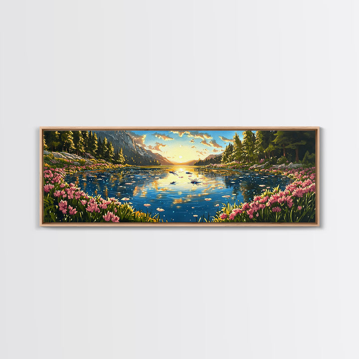 Sparkling Mountain Lake With Pink Wildflowers Canvas Print, Panoramic Landscape Wall Art, Nature Decor For Living Room Gift