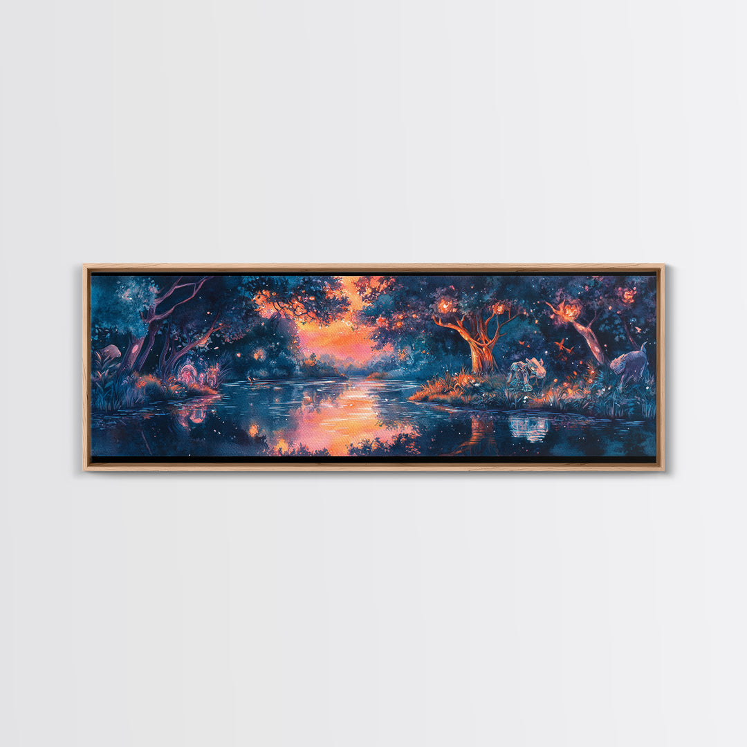 Enchanted Twilight Forest Lake Wall Art, Magical Firefly Landscape Canvas, Fantasy Woodland Decor, Panoramic Nature Print