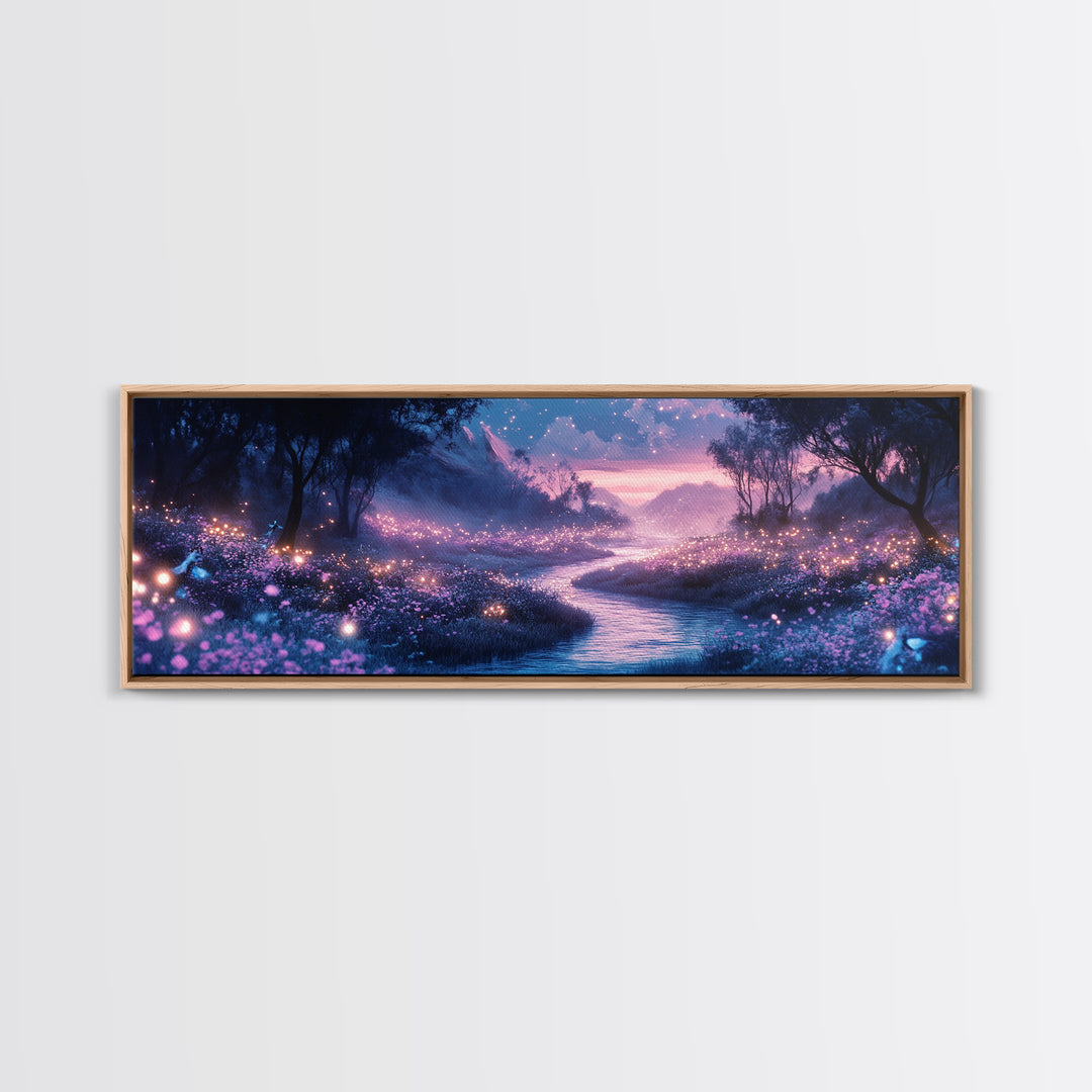 Glowing Purple Meadow Stream Wall Art, Twilight Firefly Landscape Canvas Print, Dreamy Forest Decor, Magical Nature Art Gift