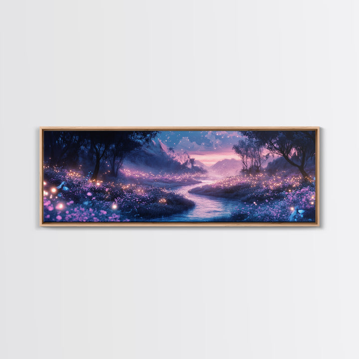 Glowing Purple Meadow Stream Wall Art, Twilight Firefly Landscape Canvas Print, Dreamy Forest Decor, Magical Nature Art Gift