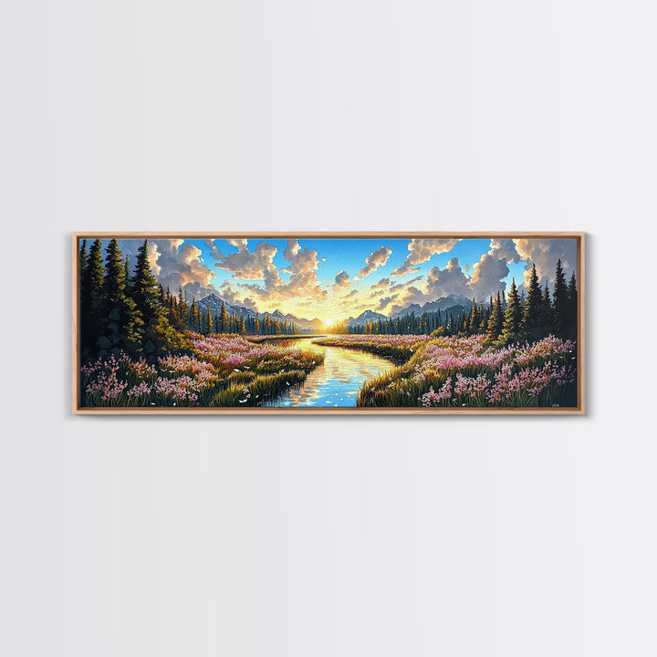 Alpine Mountain Meadow Creek Wall Art, Sunrise Wildflower Landscape Canvas Print, Cabin Decor, Living Room Wall Decor, Nature Art