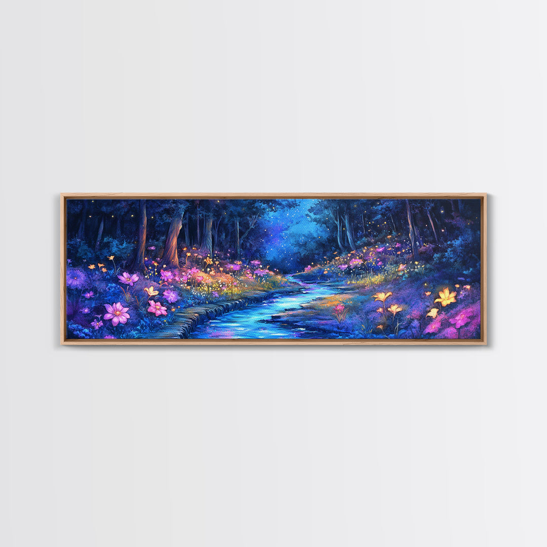 Moonlit Blue Forest Stream Wall Art, Glowing Wildflower Landscape Canvas Print, Fairy Garden Decor, Magical Nature Art Gift