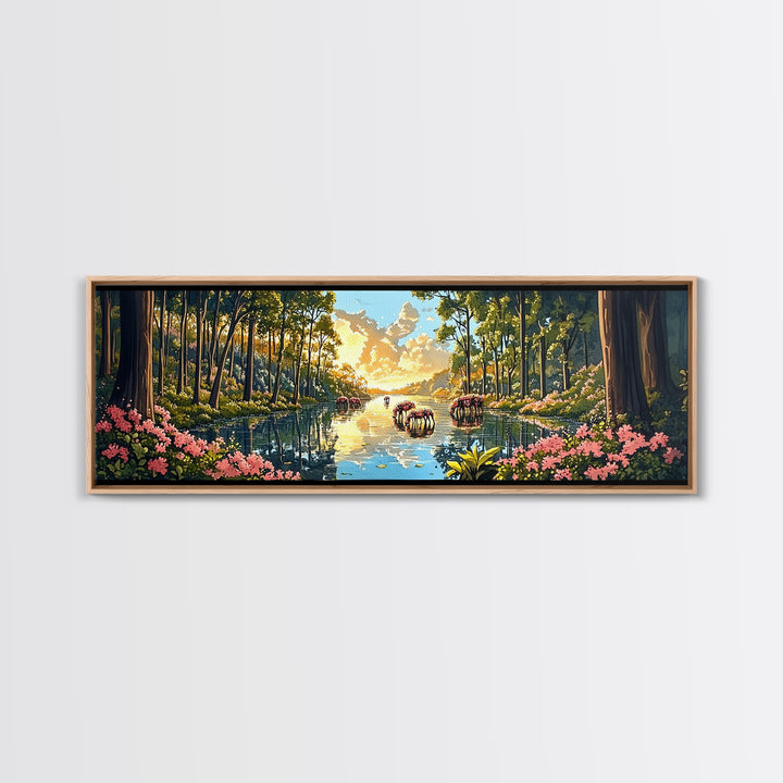 Sunlit Forest River With Wild Horses Wall Art, Panoramic Canvas Print, Nature Landscape, Living Room Decor, Housewarming Gift