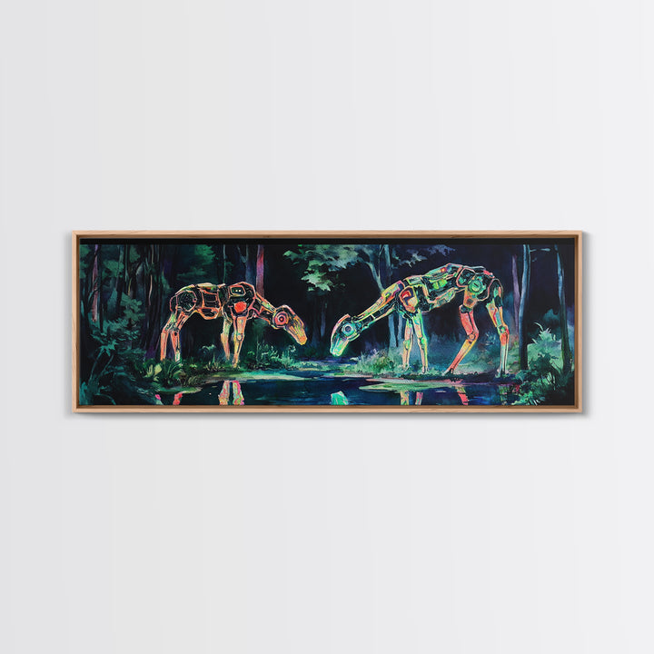 Neon Robotic Deer In Dark Forest Wall Art, Futuristic Canvas Print, Cyberpunk Decor, Sci Fi Art, Gaming Room Wall Decor, Gift For Him