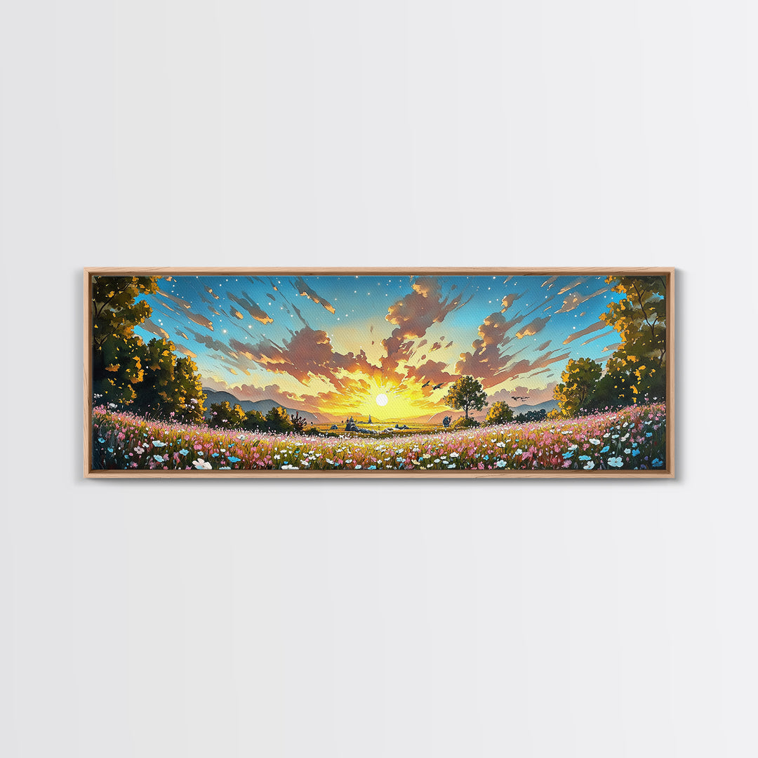 Golden Sunrise Wildflower Meadow Wall Art, Wide Horizontal Canvas Print, Landscape Art, Above Sofa Decor, Modern Home Decor